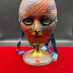 VTG brass mask painted theatre carnival colorful decor pedestal